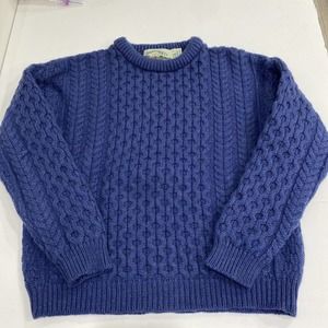 Vtg Arancrafts Ireland mens S pullover cable knit sweater 100% Merino Wool Blue